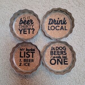 Bottle Cap Shaped Metal & Cork Coasters Barware Set of 4